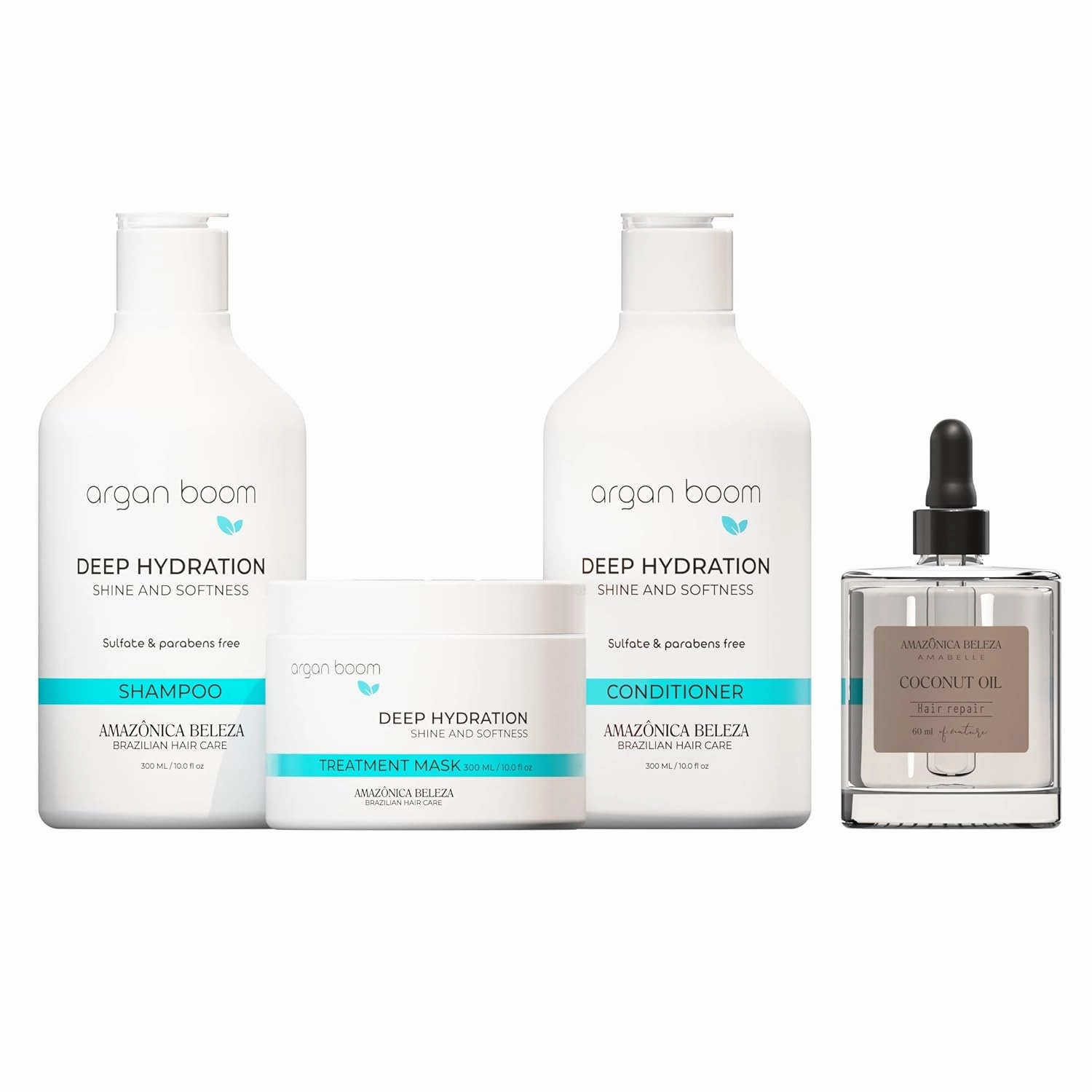 Argan Boom Hair Shampoo, Conditioner and Mask & Coconut Oil for Intense Moisturizing, Hydrate & Repair Kit for Dry Hair, Kit Hidratante con Oleo de Argan y Vitamina E