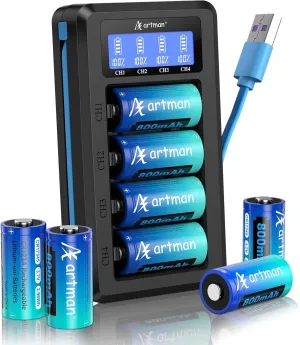 Artman CR123A Rechargeable Batteries 8 Pack, 3.7V 123a Lithium Batteries with Charger, CR17345 Battery Compatible with Arlo Cameras VMC3030 VMK3200 VMS3330 3430 3530, Flashlight Microphone