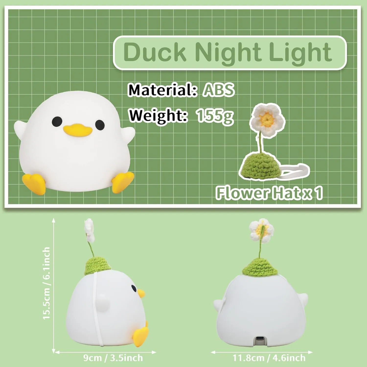 Attivolife Cute Duck Night Light, Animal Soft Silicone LED Lamp with Dimmable and Timer, Portable USB Rechargeable Bedroom Bedside Table Decor, Birthday Christmas Gifts for Girl Boy (Flower Hat)