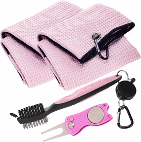 Aulock Golf Towel and Brush Set, Microfiber Towels for Golf Bags, Women Cleaning Kit with Ball Marker Golf Divot Tool Brush, Pink