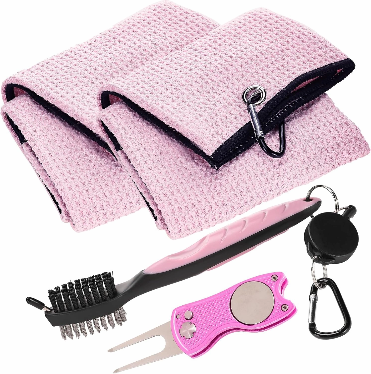 Aulock Golf Towel and Brush Set, Microfiber Towels for Golf Bags, Women Cleaning Kit with Ball Marker Golf Divot Tool Brush, Pink