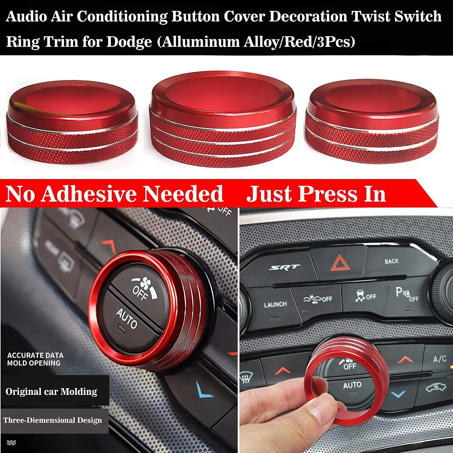 Auprite Climate Control Knob Covers for Challenger Accessories 2015-2023 2024, for Dodge Charger 2015-2023 2024, for Dodge Chrysler 300/300s 2015-2024,3Pcs Kit (Red)