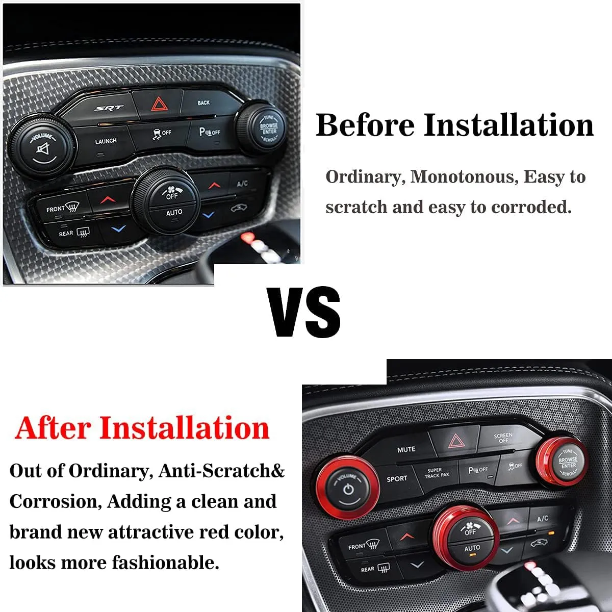 Auprite Climate Control Knob Covers for Challenger Accessories 2015-2023 2024, for Dodge Charger 2015-2023 2024, for Dodge Chrysler 300/300s 2015-2024,3Pcs Kit (Red)
