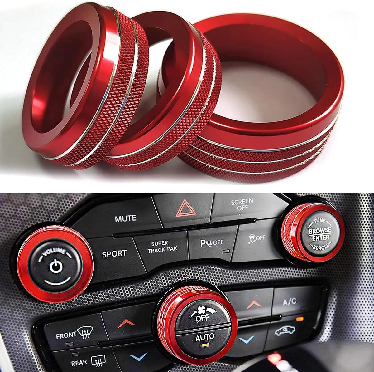 Auprite Climate Control Knob Covers for Challenger Accessories 2015-2023 2024, for Dodge Charger 2015-2023 2024, for Dodge Chrysler 300/300s 2015-2024,3Pcs Kit (Red)
