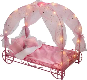 Badger Basket Elegant Royal Carriage Bed for 18-Inch Dolls with Canopy, Bedding, and LED Lights - Pink and White Stars