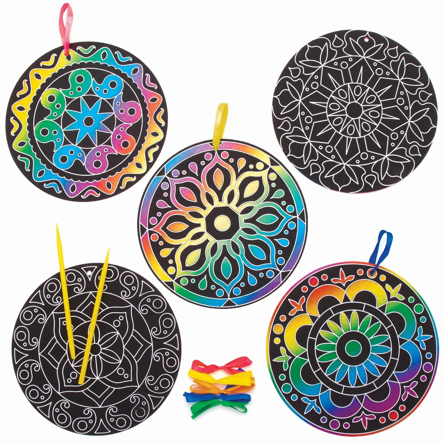 Baker Ross AW985 Rangoli Scratch Art Decorations - Pack of 10, Arts and Crafts for Kids