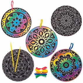 Baker Ross AW985 Rangoli Scratch Art Decorations - Pack of 10, Arts and Crafts for Kids