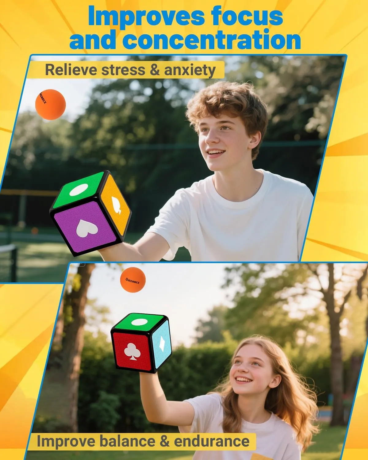 Ball Bouncing Skill Game for Teenagers and Adults,Teen boy Gifts,1 Cube,2 Balls,Coolest Gifts for Boys Girls Age 12 Year Old (Red Green Yellow Blue Purple)