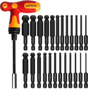 Ball End Hex Head Allen Wrench Drill Bit Set with T Handle Ratchet Driver, LATTOOK Ball End Hex Bit Set Allen Key Bit Set with T Handle, Magnetic S2 Steel, 24PCS Metric & SAE