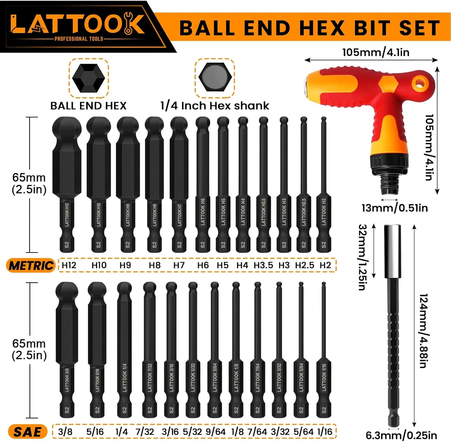 Ball End Hex Head Allen Wrench Drill Bit Set with T Handle Ratchet Driver, LATTOOK Ball End Hex Bit Set Allen Key Bit Set with T Handle, Magnetic S2 Steel, 24PCS Metric & SAE