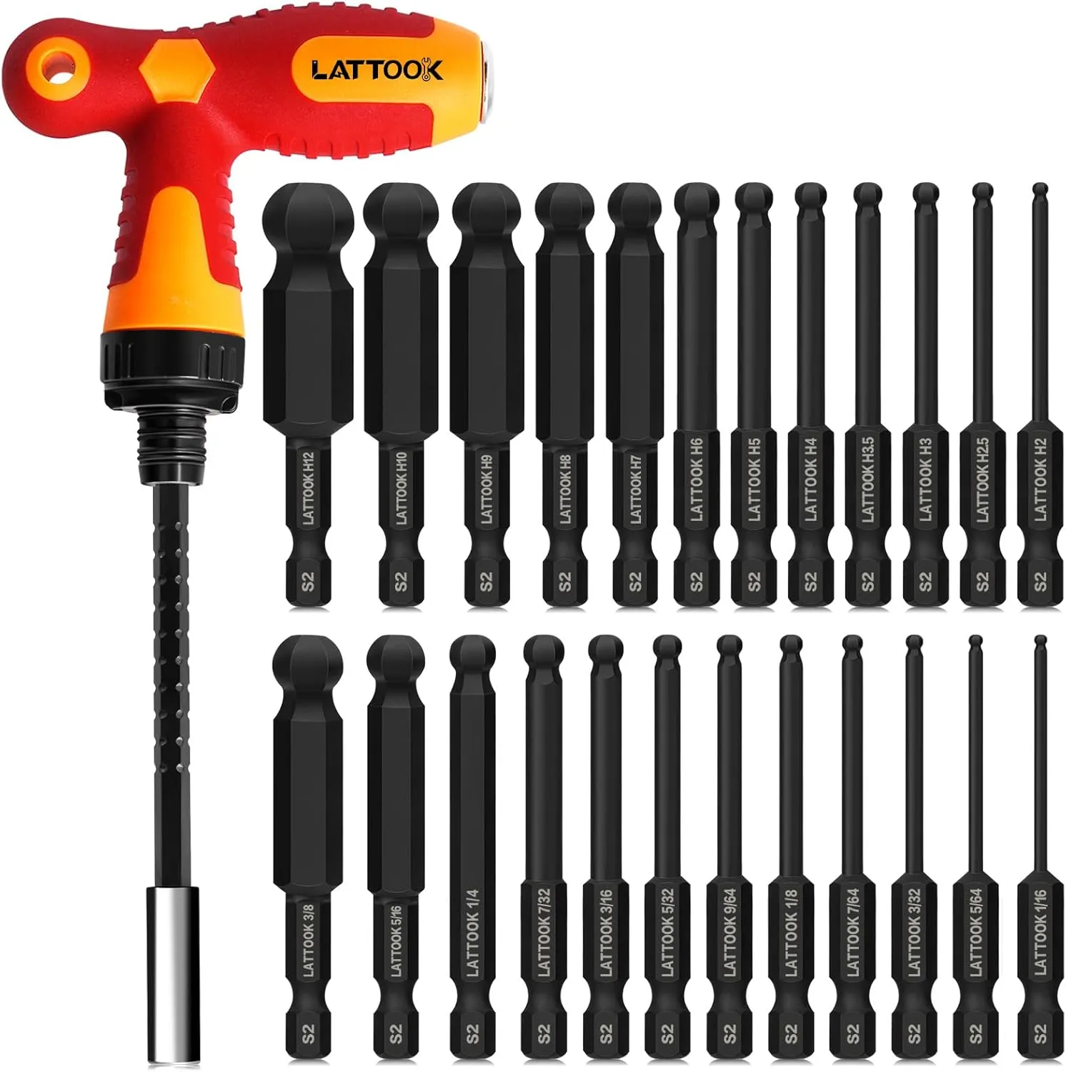 Ball End Hex Head Allen Wrench Drill Bit Set with T Handle Ratchet Driver, LATTOOK Ball End Hex Bit Set Allen Key Bit Set with T Handle, Magnetic S2 Steel, 24PCS Metric & SAE