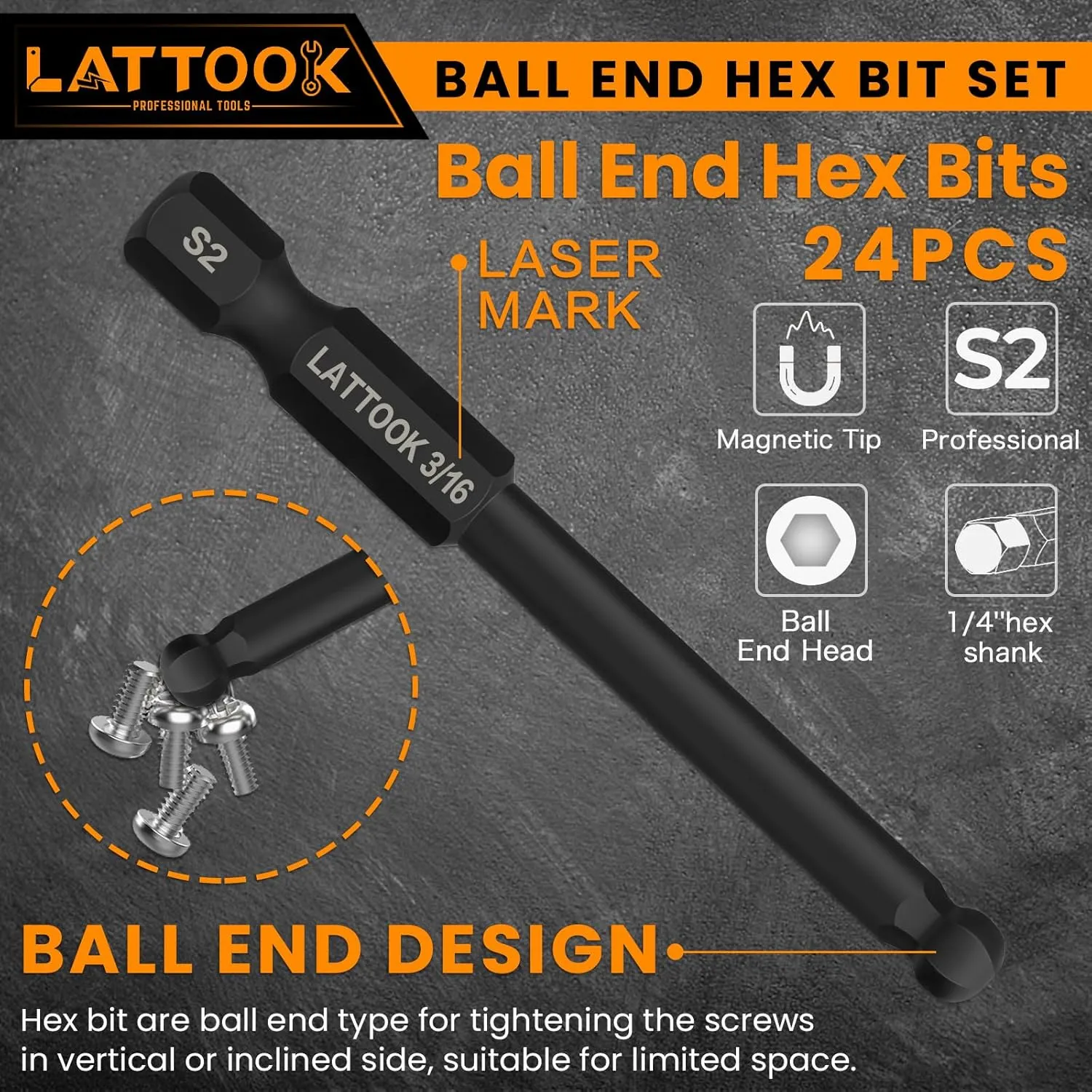 Ball End Hex Head Allen Wrench Drill Bit Set with T Handle Ratchet Driver, LATTOOK Ball End Hex Bit Set Allen Key Bit Set with T Handle, Magnetic S2 Steel, 24PCS Metric & SAE