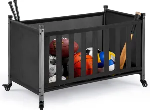 Ball Storage Bin Rolling Sports Ball Cart, Metal Garage Organizer Sport Rack, Ball Basket Storage, Ball Cage for Garage or Gym, Indoor & Outdoor Sports Equipment Organizer