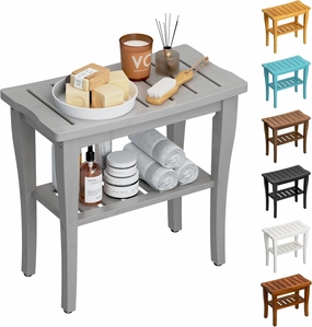 Bamboo Shower Bench Stool with Storage Shelf, Waterproof Shower Chair Spa Bath Seat, Shower Stool for Inside, Bathroom Bench Seat for Adults Elderly Seniors for Indoor or Outdoor Use(Gray)