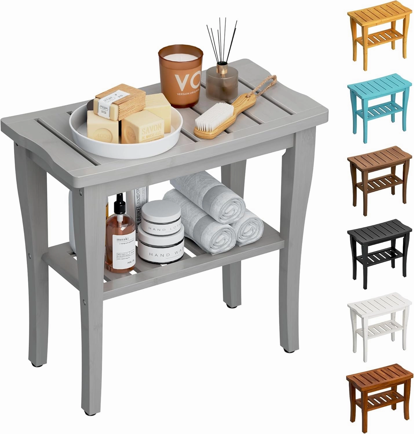 Bamboo Shower Bench Stool with Storage Shelf, Waterproof Shower Chair Spa Bath Seat, Shower Stool for Inside, Bathroom Bench Seat for Adults Elderly Seniors for Indoor or Outdoor Use(Gray)