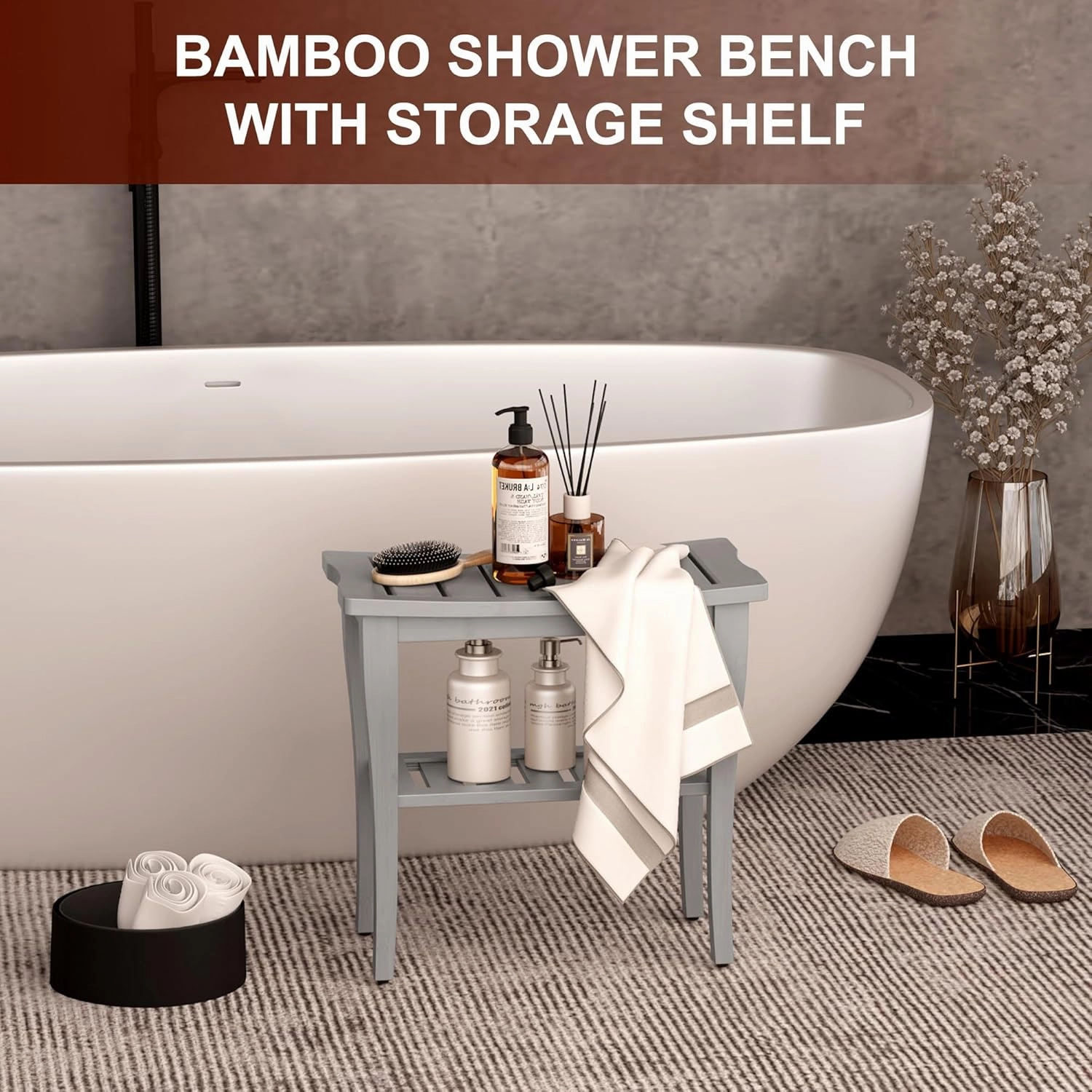 Bamboo Shower Bench Stool with Storage Shelf, Waterproof Shower Chair Spa Bath Seat, Shower Stool for Inside, Bathroom Bench Seat for Adults Elderly Seniors for Indoor or Outdoor Use(Gray)