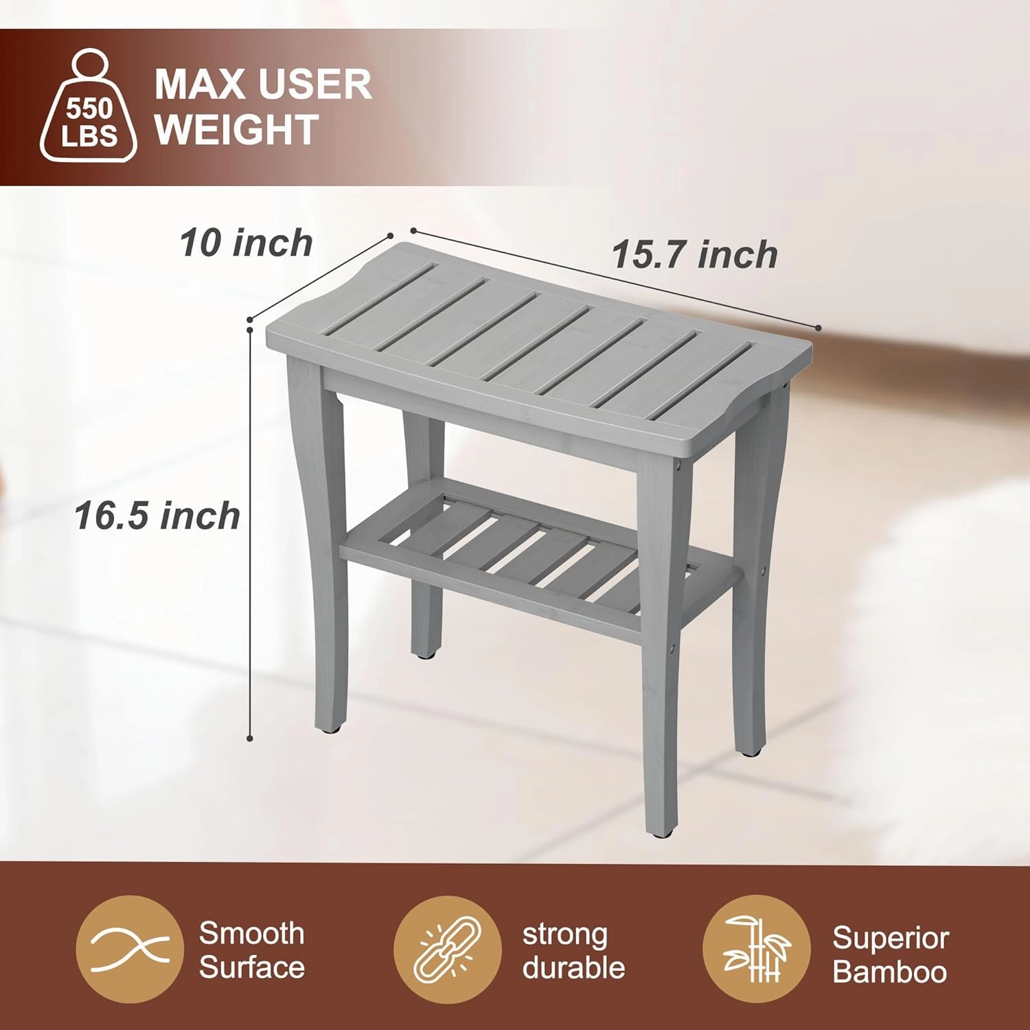 Bamboo Shower Bench Stool with Storage Shelf, Waterproof Shower Chair Spa Bath Seat, Shower Stool for Inside, Bathroom Bench Seat for Adults Elderly Seniors for Indoor or Outdoor Use(Gray)