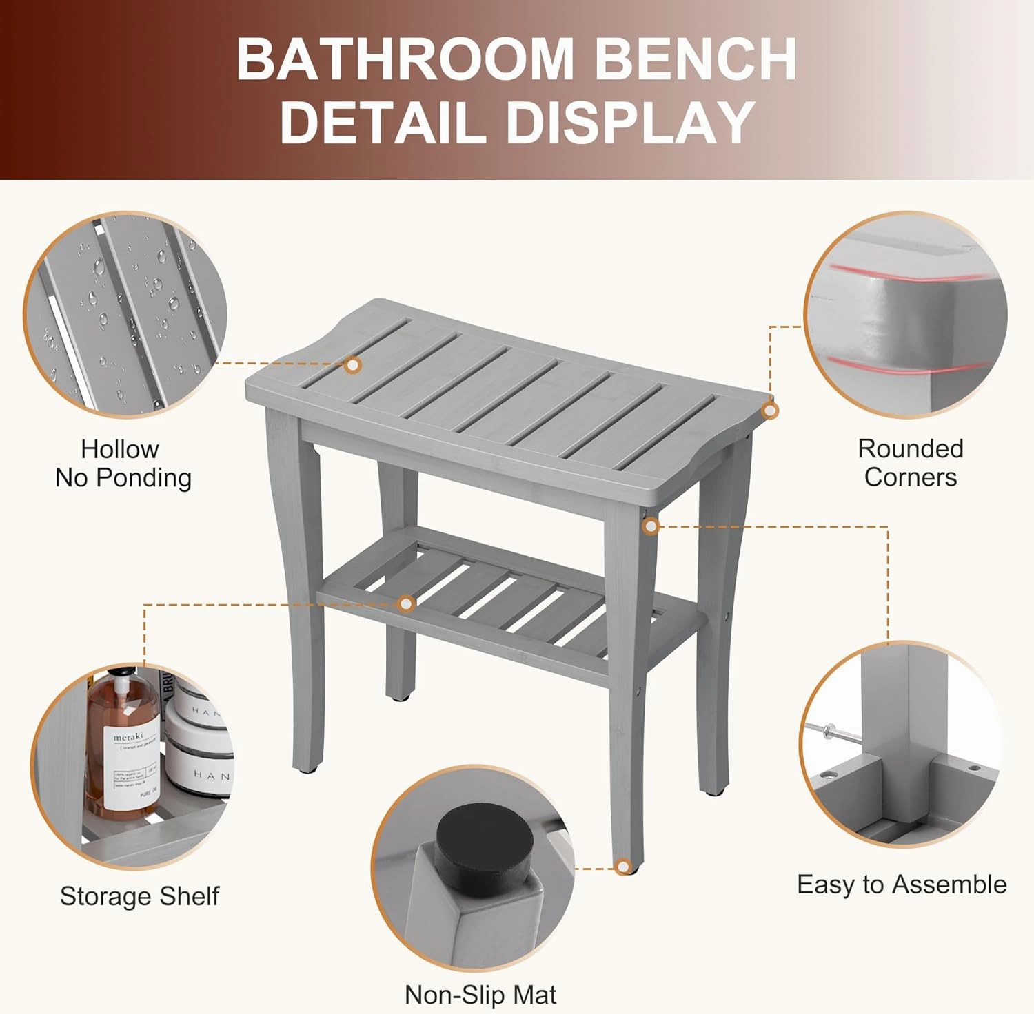 Bamboo Shower Bench Stool with Storage Shelf, Waterproof Shower Chair Spa Bath Seat, Shower Stool for Inside, Bathroom Bench Seat for Adults Elderly Seniors for Indoor or Outdoor Use(Gray)