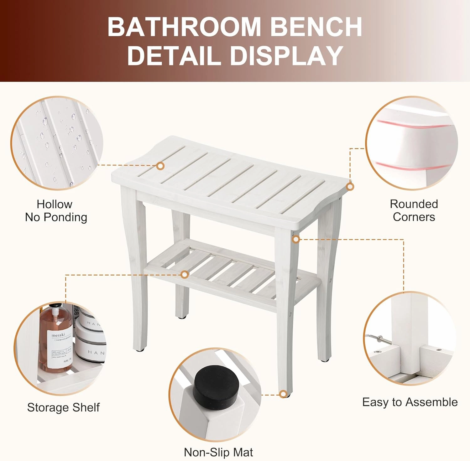 Bamboo Shower Bench Stool with Storage Shelf, Waterproof Shower Chair Spa Bath Seat, Shower Stool for Inside, Bathroom Bench Seat for Adults Elderly Seniors for Indoor or Outdoor Use(White)