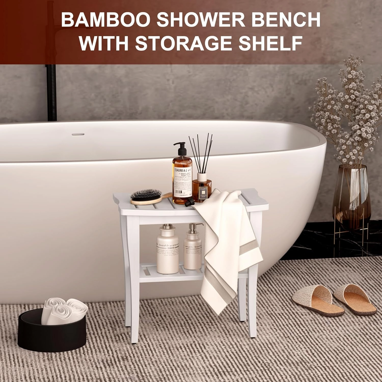 Bamboo Shower Bench Stool with Storage Shelf, Waterproof Shower Chair Spa Bath Seat, Shower Stool for Inside, Bathroom Bench Seat for Adults Elderly Seniors for Indoor or Outdoor Use(White)
