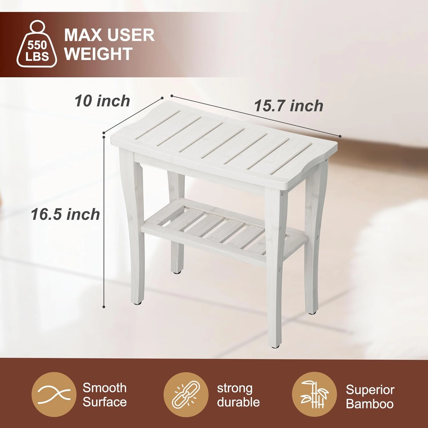 Bamboo Shower Bench Stool with Storage Shelf, Waterproof Shower Chair Spa Bath Seat, Shower Stool for Inside, Bathroom Bench Seat for Adults Elderly Seniors for Indoor or Outdoor Use(White)