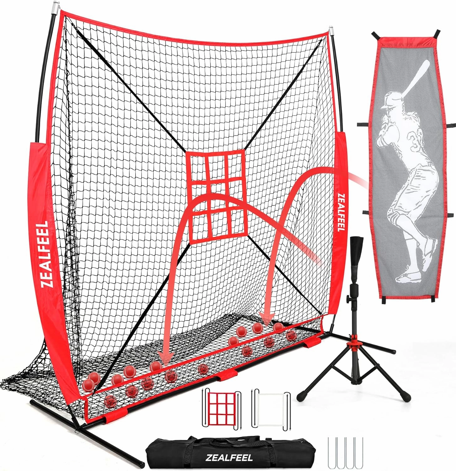 Baseball Net, 7x7 ft Pitching & Batting Net with Dummy Batter, Large Ball Collection System, 2 Strike Zones, Batting Tee, Carry Bag, Baseball Softball Net for Batting Pitching Hitting