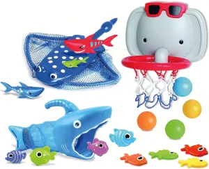 Bath Toys for Kids Ages 1-3,18PCS Bathtub Toys Pool Outdoor Games,No Holes Basketball Hoop with 4 Balls and Shark Fishing Net, Birthday Summer Beach Activity Gift for 1 2 3 4 5 Toddler Girls Boys
