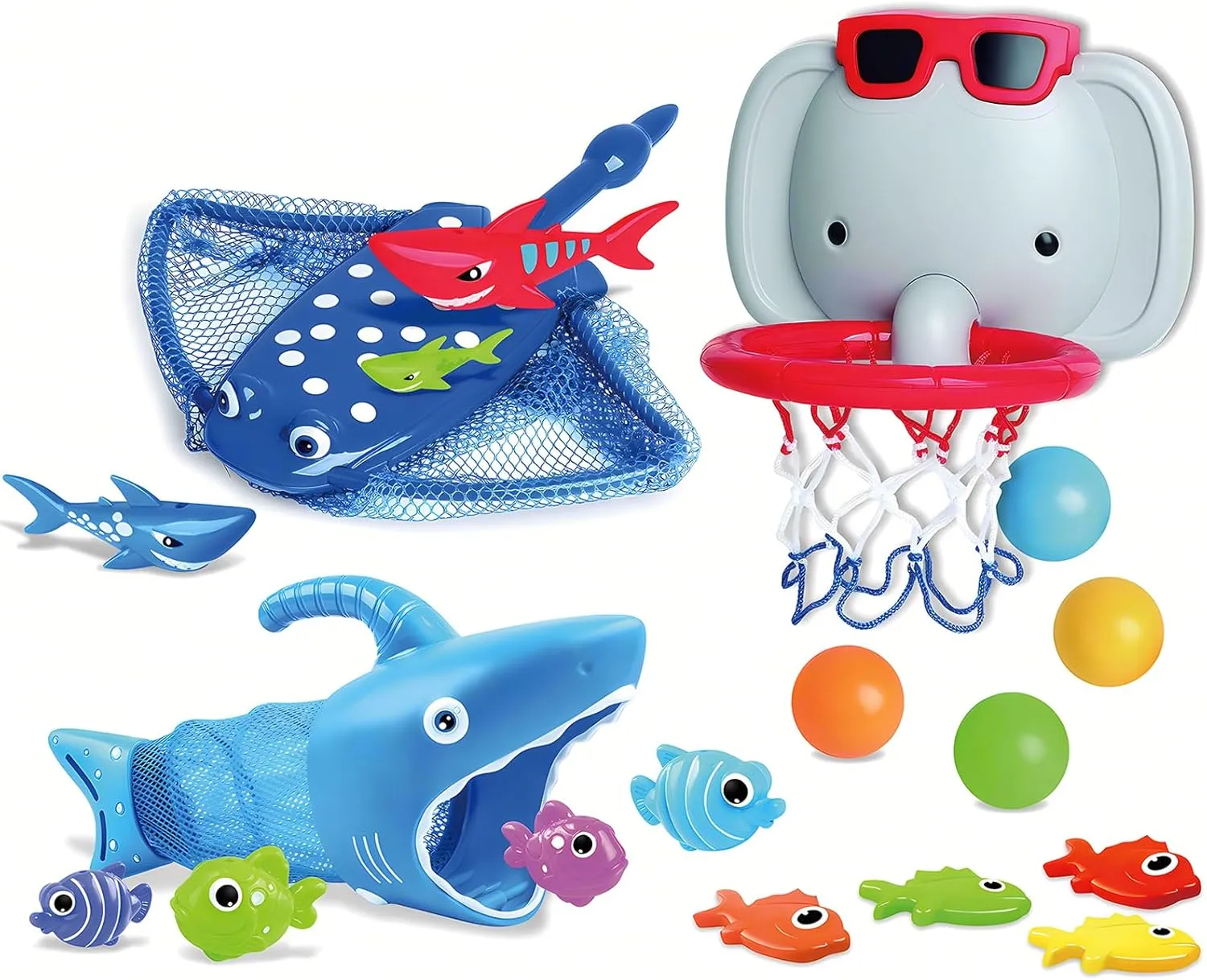Bath Toys for Kids Ages 1-3,18PCS Bathtub Toys Pool Outdoor Games,No Holes Basketball Hoop with 4 Balls and Shark Fishing Net, Birthday Summer Beach Activity Gift for 1 2 3 4 5 Toddler Girls Boys