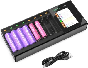 Battery Charger AA AAA 8 Bay Fast Rechargeable Battery Charger LCD Display for Universal Household Batteries LiHv Ni-MH Ni-Cd LiFePO4 Li-ion