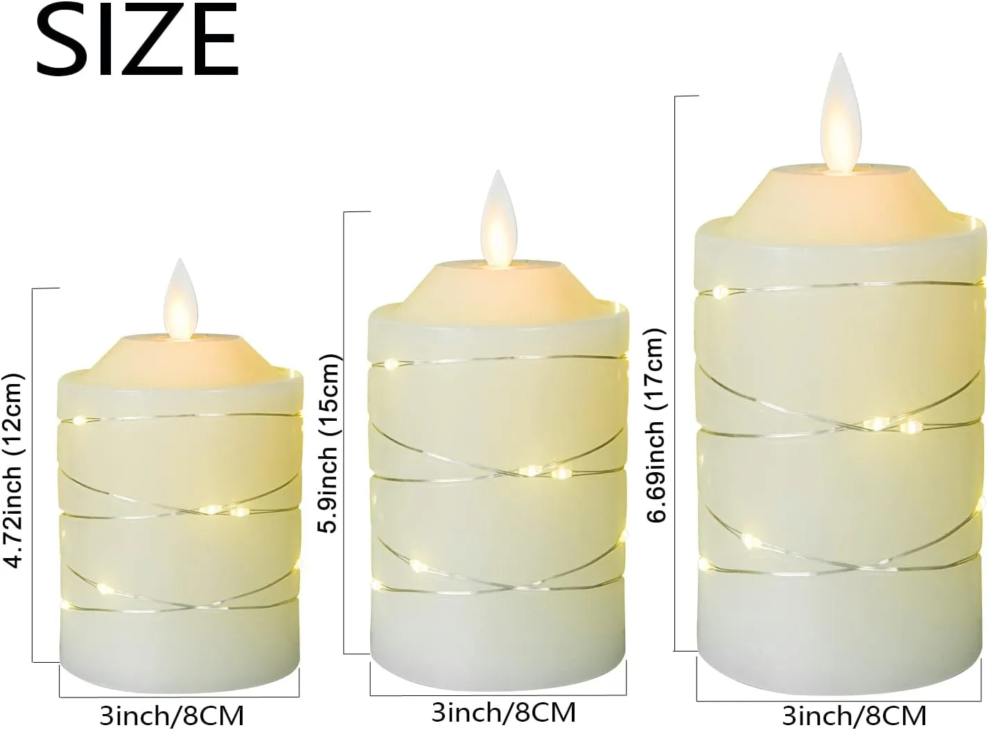 Battery Operated Flameless LED Candles: with Embedded String Lights, 3 Pack Flickering Electric Candle with 10-Key Remote Control for Seasonal Festival Celebration Real Wax(Batteries not Included)