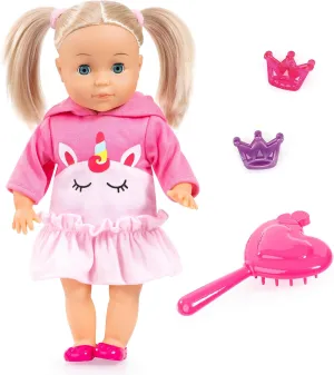 Bayer Design: Charlene Little Lover Doll - 13" Pink Unicorn Top - w/Kiss & Laugh Sounds, Blonde, Hair Accessories, Open/Closes Eyes, Kids Age 18  Mo