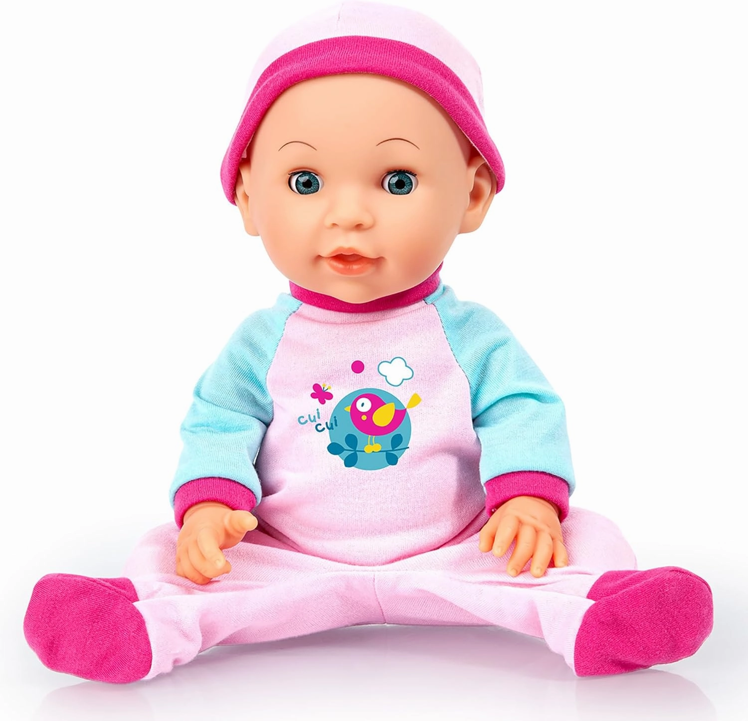Bayer Design: Bouncy Baby Doll - 15" Bird Pink & Blue - 18 Functions, Bounces Up & Down, Baby Sounds, Open/Closes Eyes, Matching Cap, Kids Ages 18  Mo