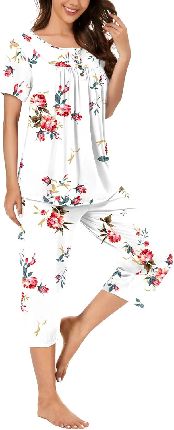 Bestbee Womens Pajama Sets 2 Piece Summer Sleepwear Ladies Pjs Henley Neck Short Sleeve Capri Pant With Pockets