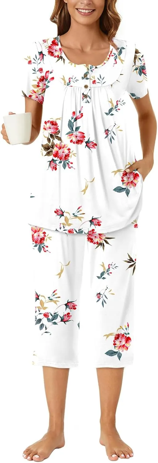 Bestbee Womens Pajama Sets 2 Piece Summer Sleepwear Ladies Pjs Henley Neck Short Sleeve Capri Pant With Pockets