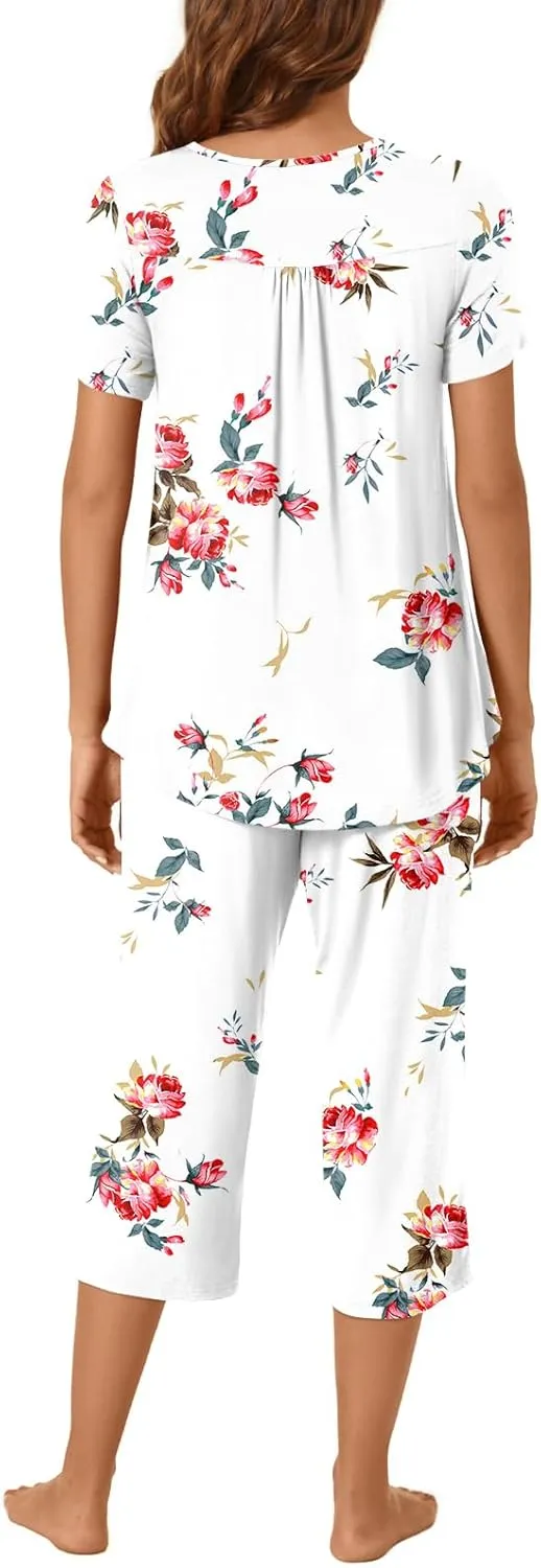 Bestbee Womens Pajama Sets 2 Piece Summer Sleepwear Ladies Pjs Henley Neck Short Sleeve Capri Pant With Pockets