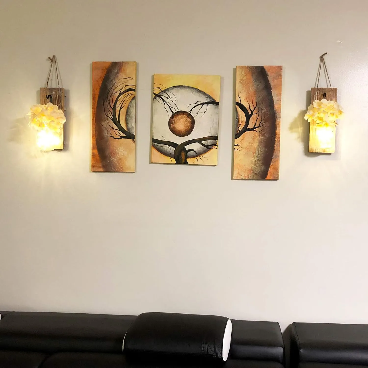 Besuerte Mason Jar Wall Sconces Set of Two, Wall Deco Cute Wall Decor with LED Fairy Lights, Art for Living Room Modern Decorations, House Decor, Rustic Brown