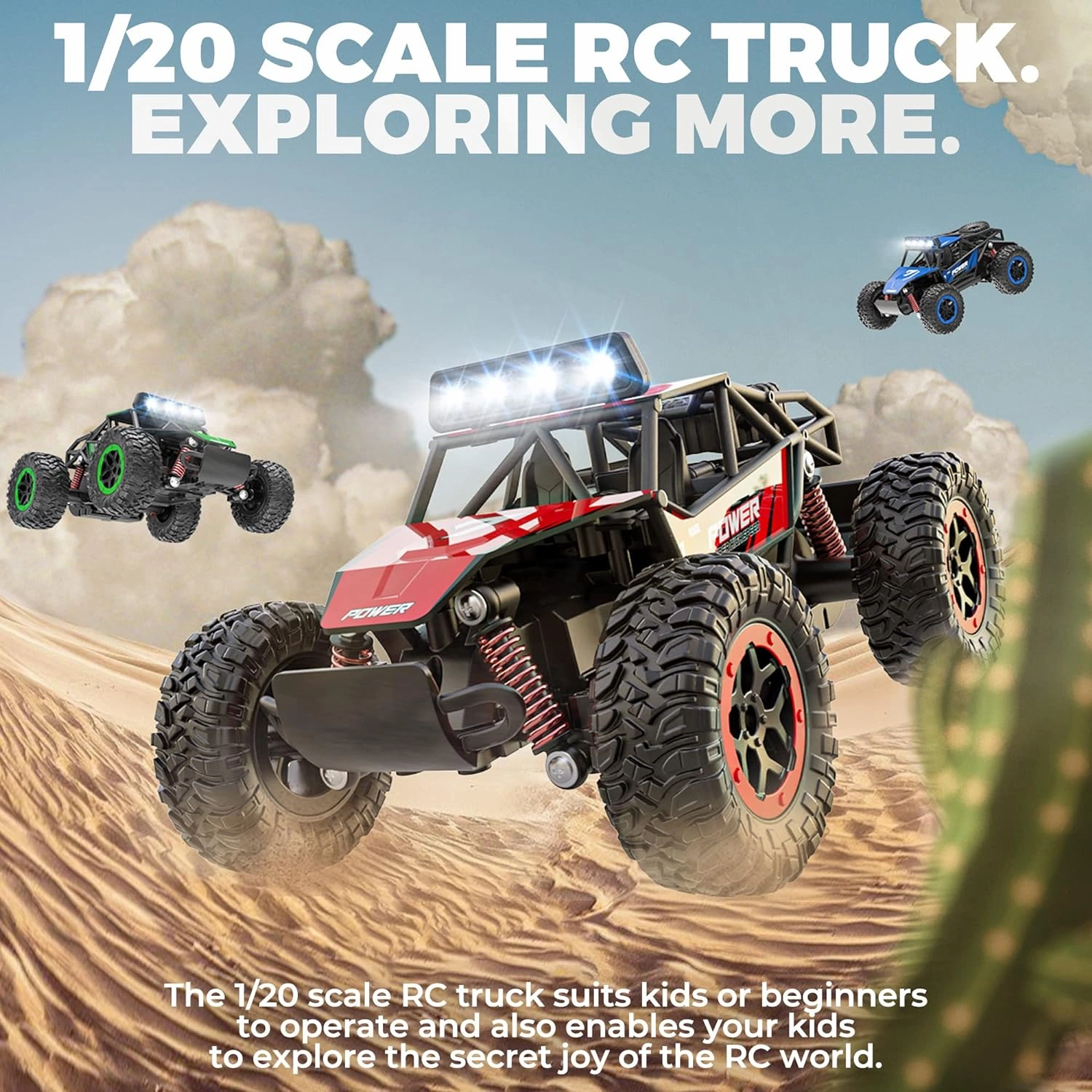 BEZGAR TB201 RC Cars-1:20 Scale Remote Control Car-2WD High Speed 20 Km/h Electric Toy Off Road Vehicle Monster Truck Crawler with LED Headlight and Rechargeable Battery for 8-12 Year Old Boys Girls