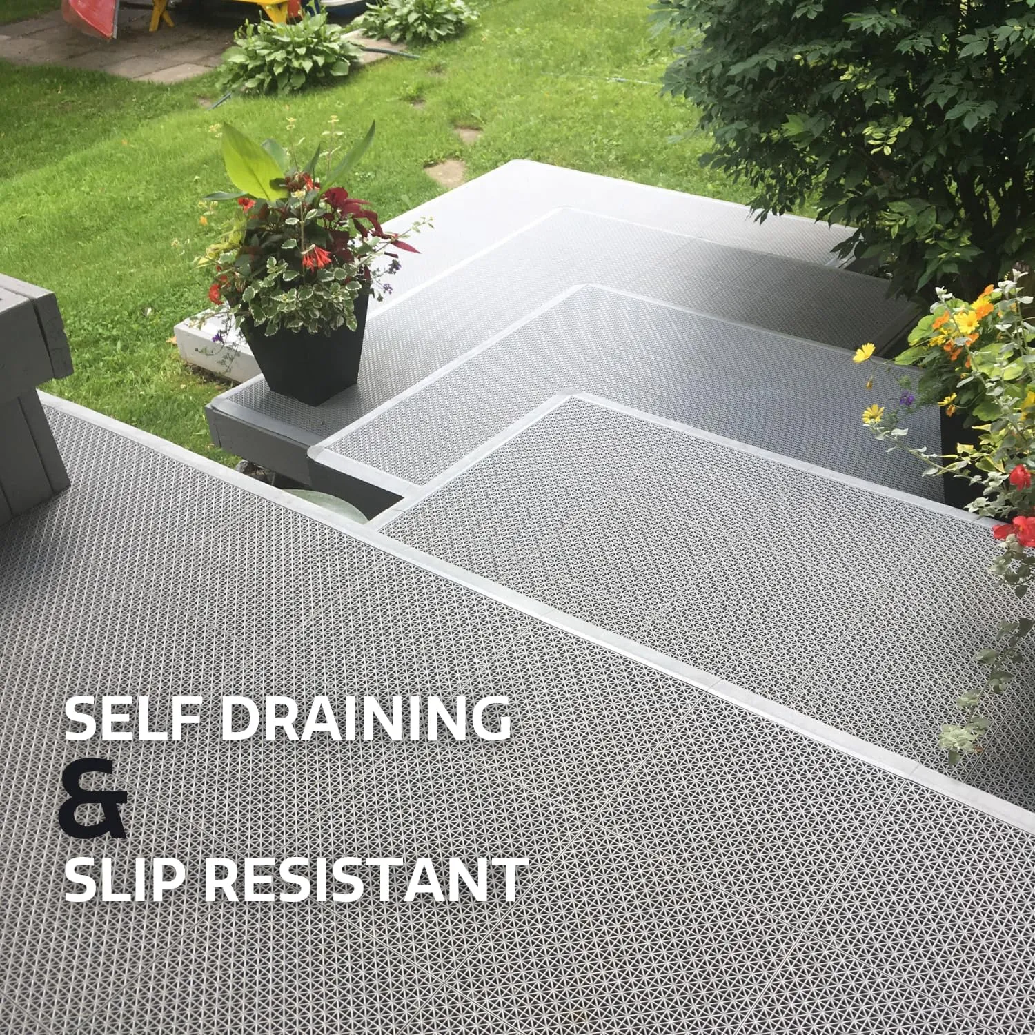 Big Floors DuraGrid Outdoor Modular Deck Tiles, Interlocking, Slip-Resistant, Self-Draining, Durable Plastic Flooring, Easy Install, UV & Water Resistant, Made in USA, 24 Pack, Beige