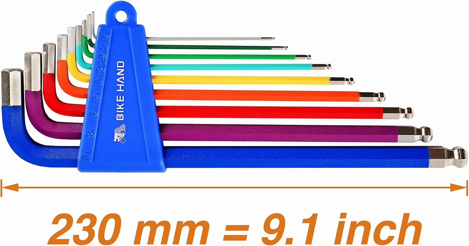 BikeHand Heavy Duty Precise Durable Head Hex Allen Wrenches Set - 9 Pieces - with Long Arm Ball End - 1.5/2/2.5/3/4/5/6/8/10mm - for Home or Bike Bicycle - Colored or Silver