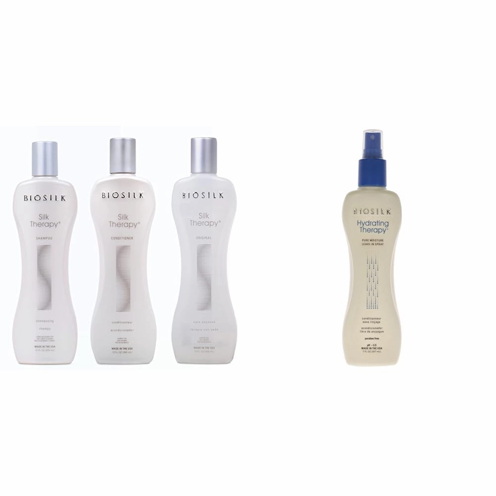 Biosilk Silk Therapy 3-Piece Kit: Shampoo, Conditioner, Serum & Hydrating Leave-In Spray | 7 Oz | Replenishes Moisture & Anti-Frizz for Coarse Hair