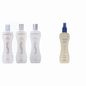 Biosilk Silk Therapy 3-Piece Kit: Shampoo, Conditioner, Serum & Hydrating Leave-In Spray | 7 Oz | Replenishes Moisture & Anti-Frizz for Coarse Hair