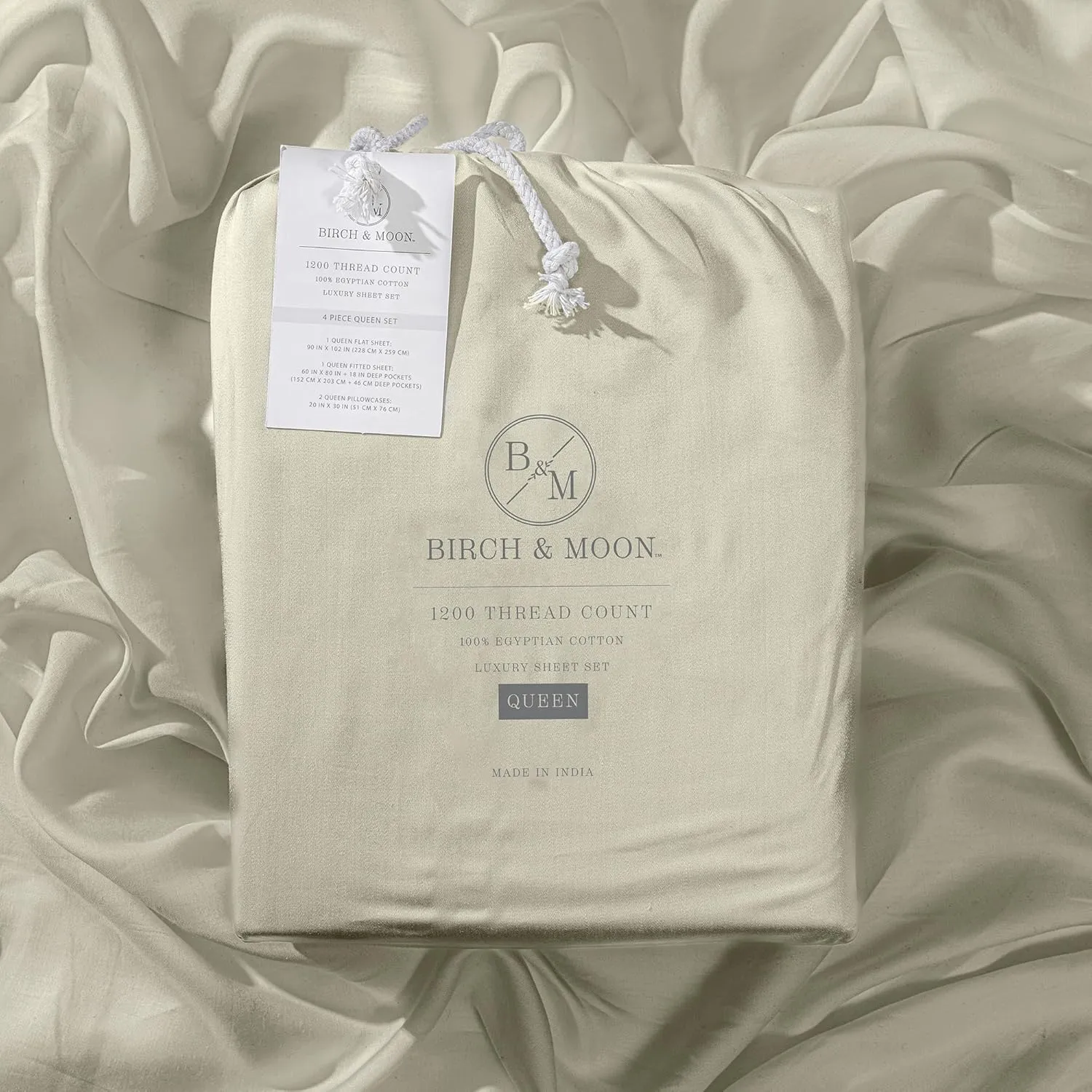 Birch & Moon 100% Certified Egyptian Cotton Sheets - 1200 Thread Count Egyptian Cotton Sheets Queen Size Bed Set Deep Pockets, 4PC Queen Sheet Set Luxury Bed Sheets Fits up to 18' Mattress