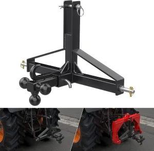 Black 3 Point Trailer Hitch 2” Receiver and Trailer Ball Hitch with Hook, Tractor Mover Drawbar Hitch, 3 Pt Quick Hitch Farm Equipment and Subcompact Trailer Hitch for Tractor Standard Category 1