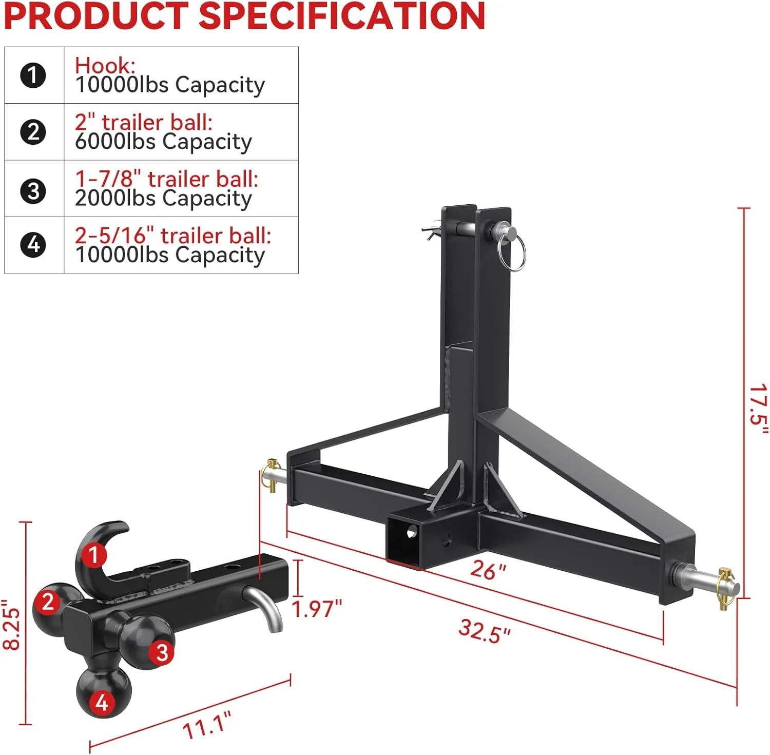 Black 3 Point Trailer Hitch 2” Receiver and Trailer Ball Hitch with Hook, Tractor Mover Drawbar Hitch, 3 Pt Quick Hitch Farm Equipment and Subcompact Trailer Hitch for Tractor Standard Category 1