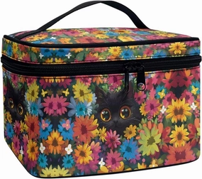 Black Cat Colorful Flowers Pattern Travel Makeup Bag for Women Large Capacity Cosmetic Bag with Zipper and Handle Portable Toiletry Bag Make Up Organizers