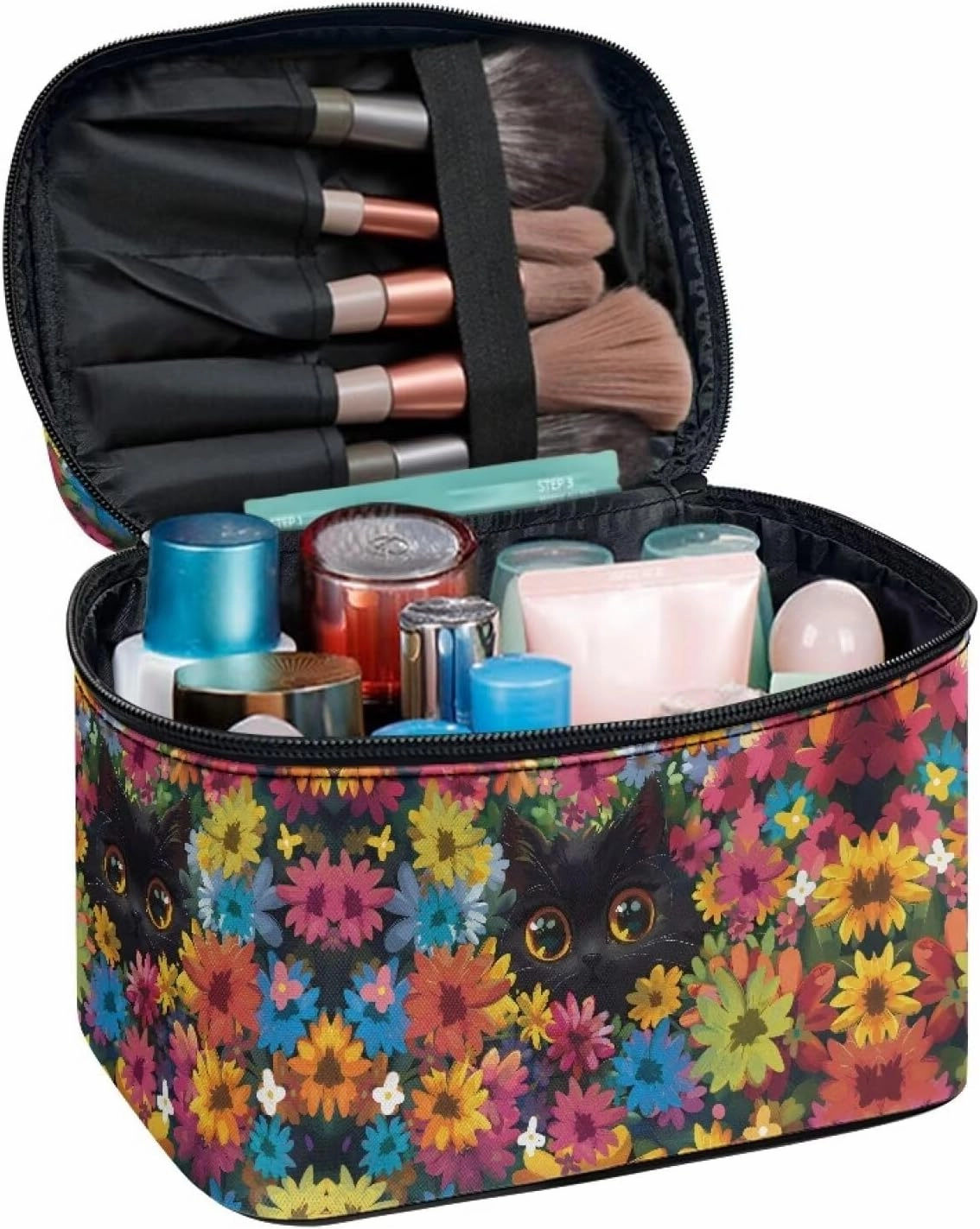 Black Cat Colorful Flowers Pattern Travel Makeup Bag for Women Large Capacity Cosmetic Bag with Zipper and Handle Portable Toiletry Bag Make Up Organizers