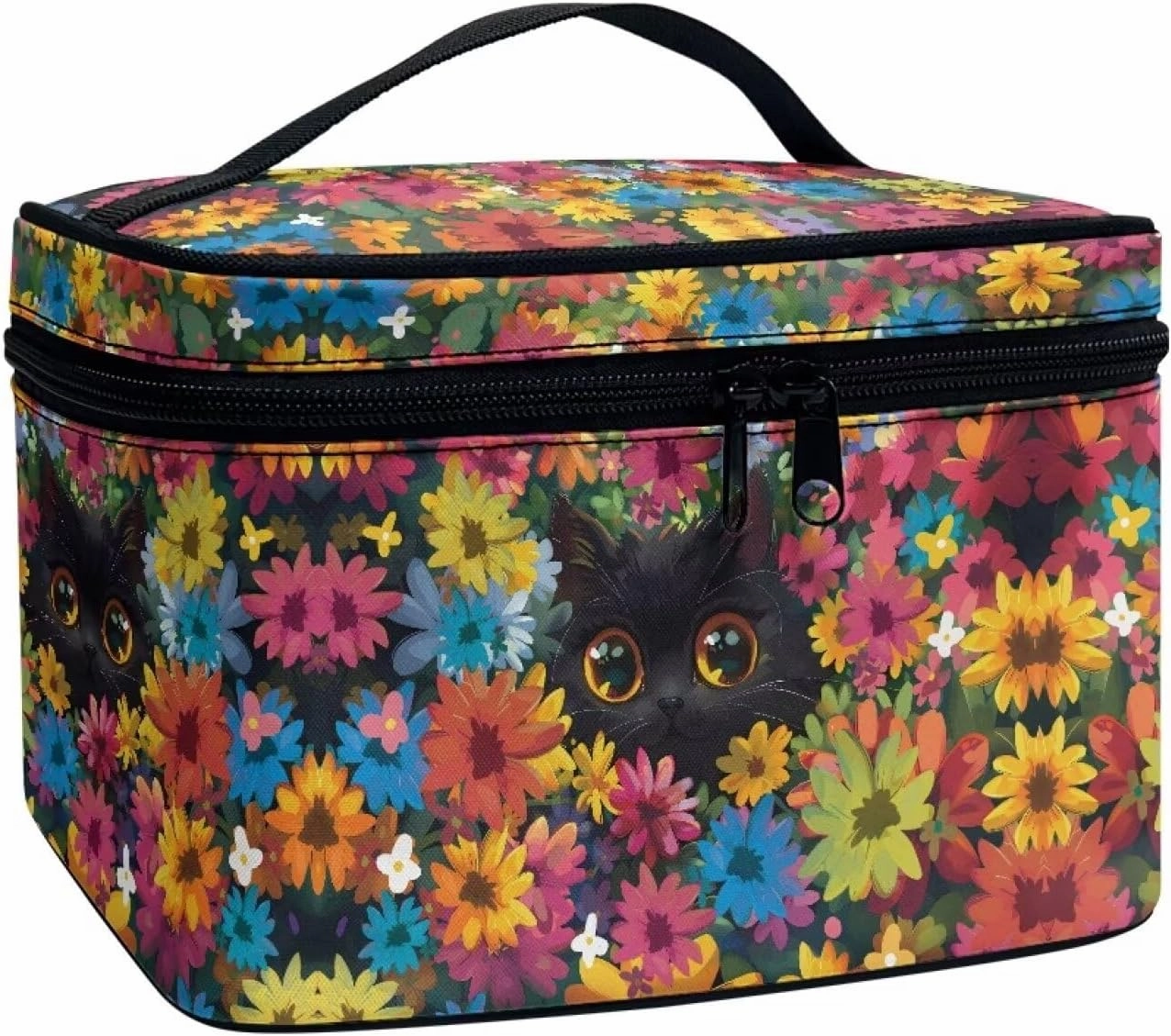 Black Cat Colorful Flowers Pattern Travel Makeup Bag for Women Large Capacity Cosmetic Bag with Zipper and Handle Portable Toiletry Bag Make Up Organizers