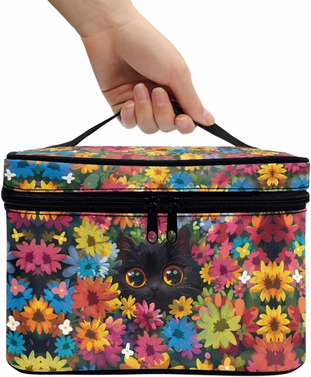 Black Cat Colorful Flowers Pattern Travel Makeup Bag for Women Large Capacity Cosmetic Bag with Zipper and Handle Portable Toiletry Bag Make Up Organizers