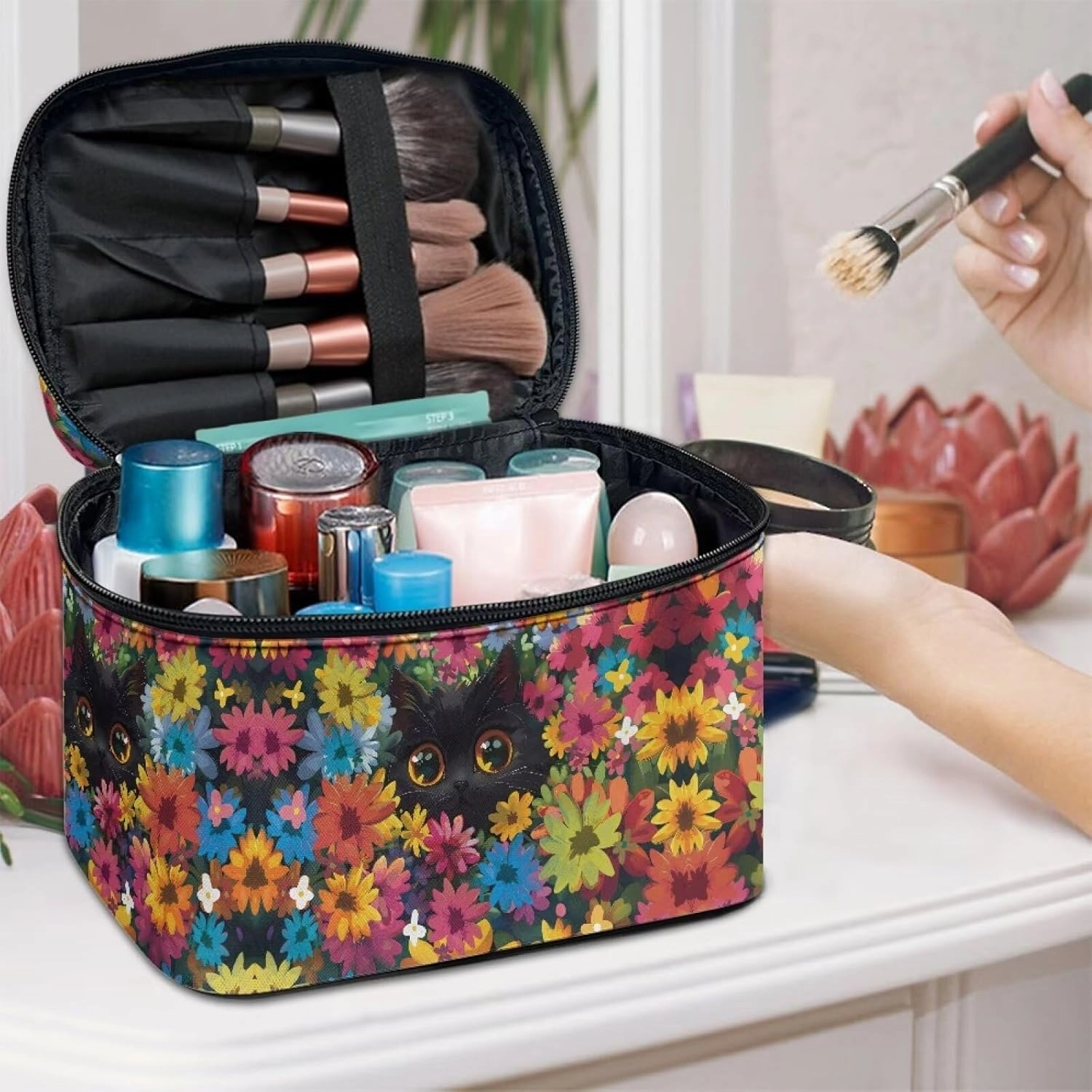 Black Cat Colorful Flowers Pattern Travel Makeup Bag for Women Large Capacity Cosmetic Bag with Zipper and Handle Portable Toiletry Bag Make Up Organizers