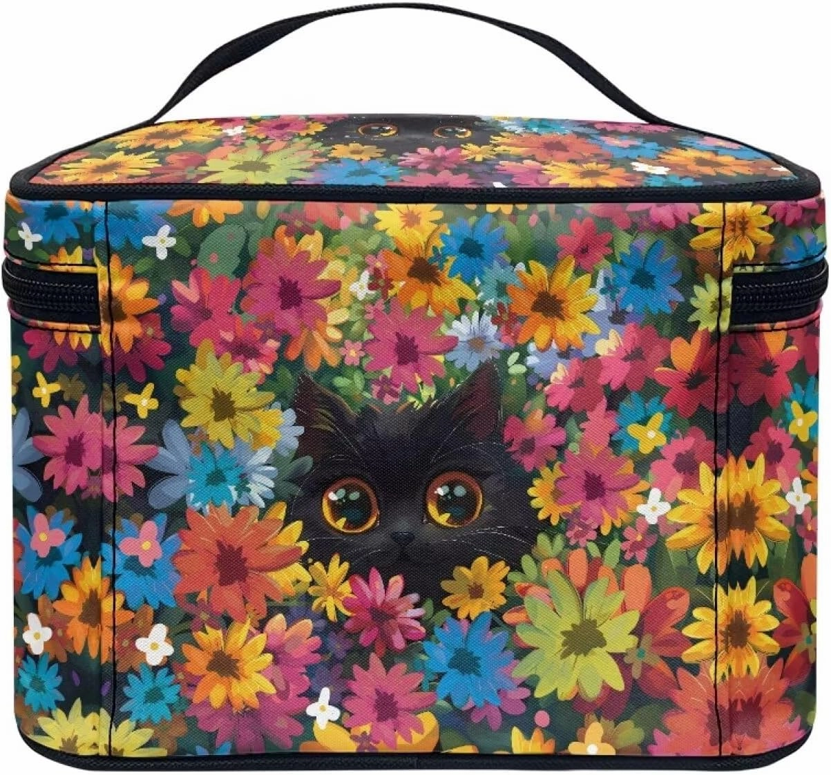 Black Cat Colorful Flowers Pattern Travel Makeup Bag for Women Large Capacity Cosmetic Bag with Zipper and Handle Portable Toiletry Bag Make Up Organizers